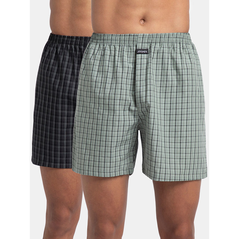 Jockey 1222 Men Checkered Boxer Shorts - Black & Slate Grey (Pack of 2) (M)