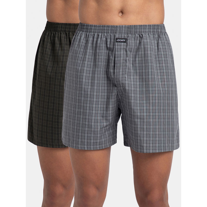 Jockey 1222 Men Checkered Boxer Shorts - Grey & Deep Olive (Pack of 2) (S)