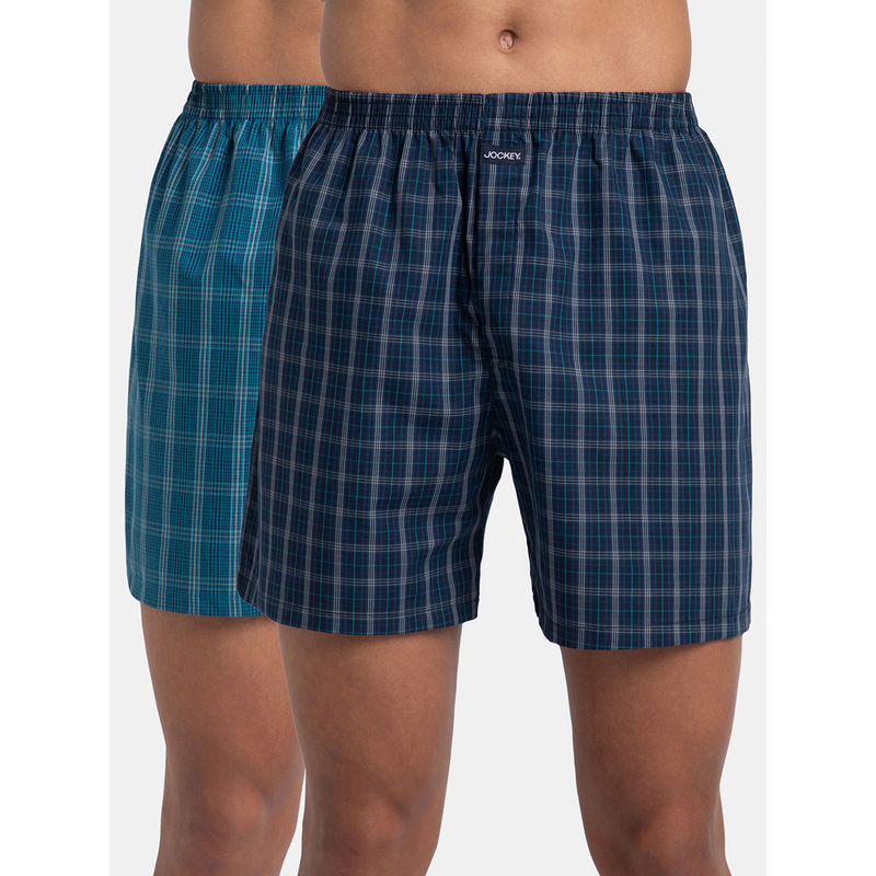 Jockey 1222 Men Checkered Boxer Shorts - Navy Blue & Seaport Teal (Pack of 2) (M)