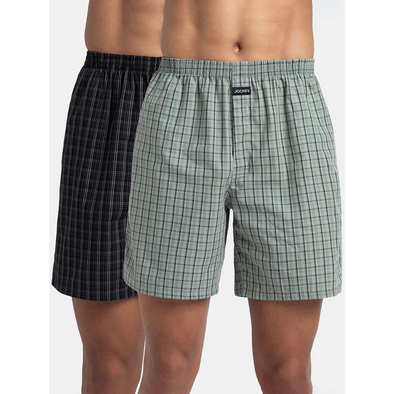 Jockey 1223 Men Cotton Woven Checkered Boxer Shorts - Black & Slate (Pack of 2) (L)