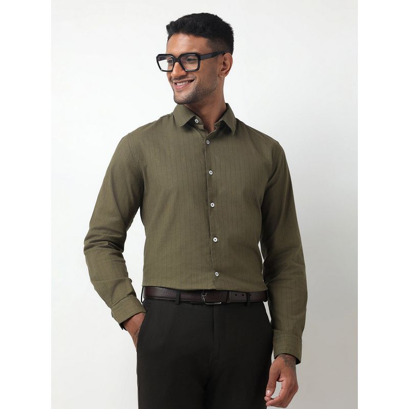 SHOWOFF Men Striped Slim Fit Button Down Olive Shirt (S)
