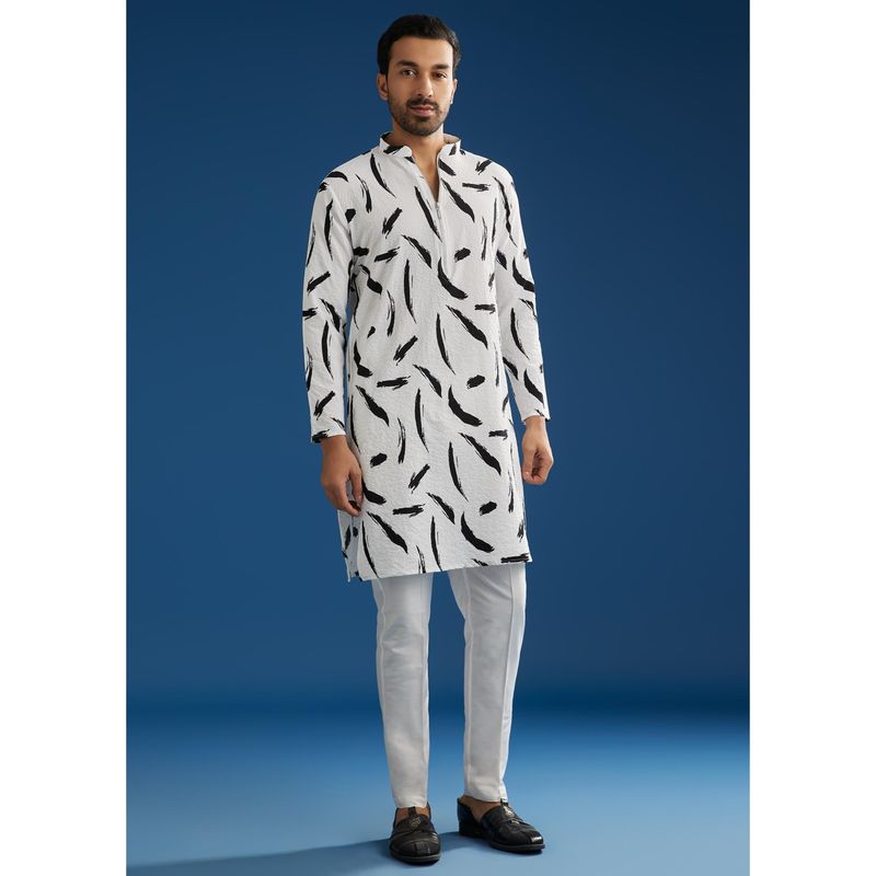 KALKI FASHION Abstract Print White Silk Kurta with Pant (Set of 2) (M)