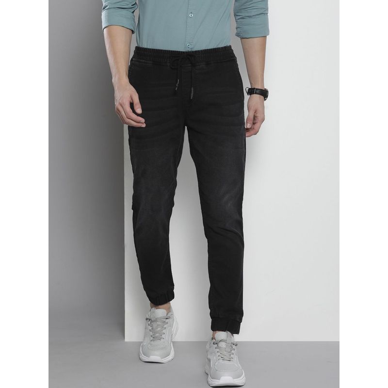 The Indian Garage Co Black Men Slim Fit Solid Mid-Rise Stretchable Denim Joggers (36)