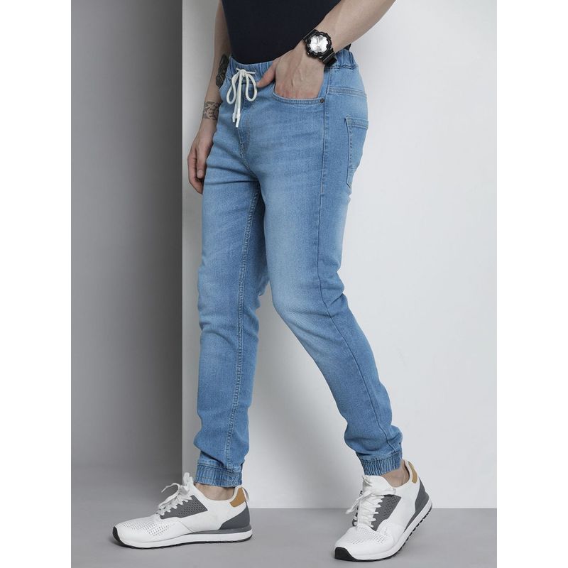 The Indian Garage Co Men Slim Fit Solid Mid-Rise Stretchable Denim Joggers (28)