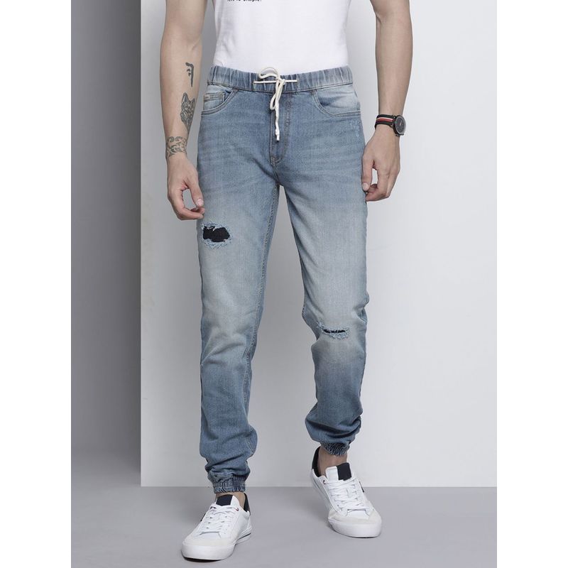 The Indian Garage Co Men Slim Fit Solid Mid-Rise Stretchable Denim Joggers (30)