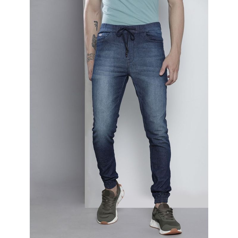 The Indian Garage Co Men Slim Fit Solid Mid-Rise Stretchable Denim Joggers (28)