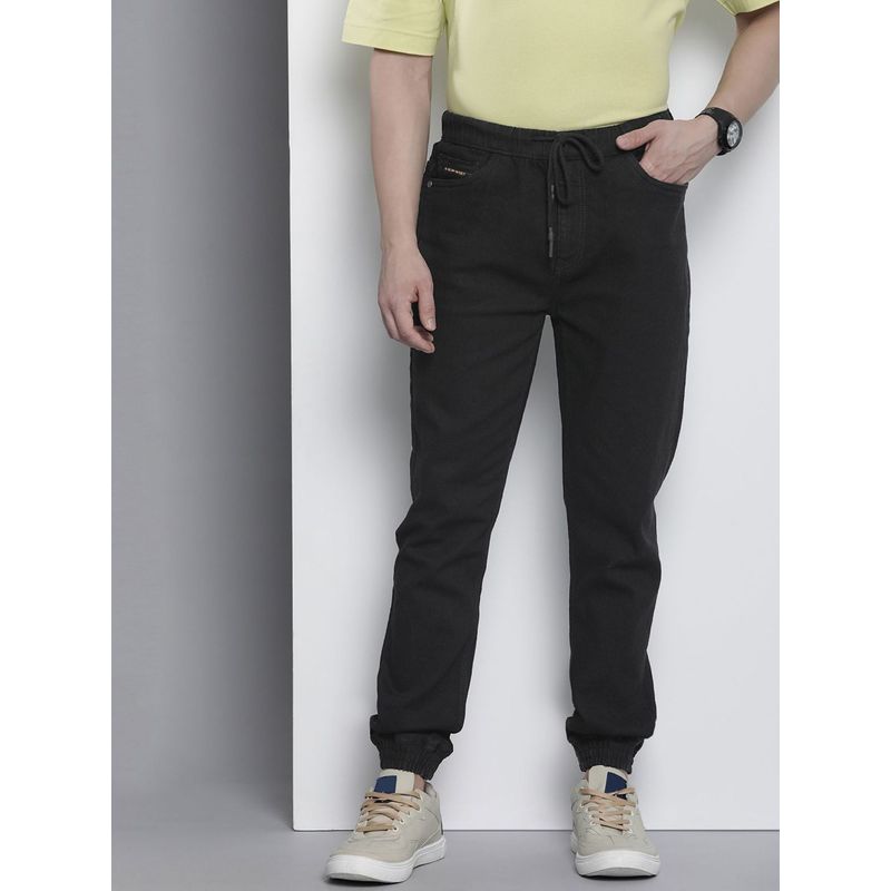 The Indian Garage Co Men Slim Fit Solid Mid-Rise Stretchable Denim Joggers (32)