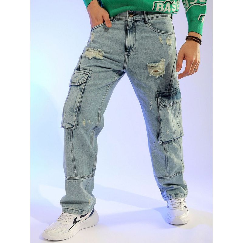 The Indian Garage Co Men Relaxed Fit Distressed Mid-Rise Cargo Denim (34)