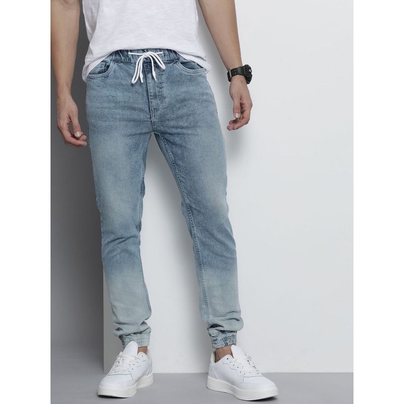 The Indian Garage Co Men Slim Fit Overdyed Mid-Rise Stretchable Denim Joggers (30)