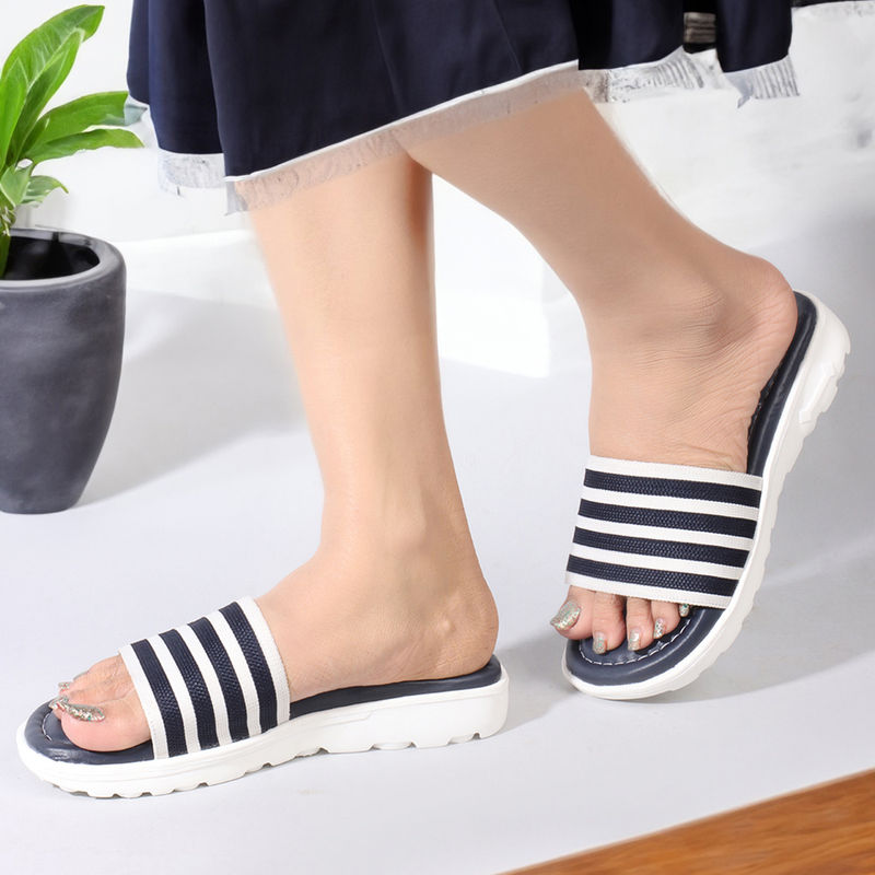 Carlton London Navy Blue Striped Women Comfort Slider (EURO 40)