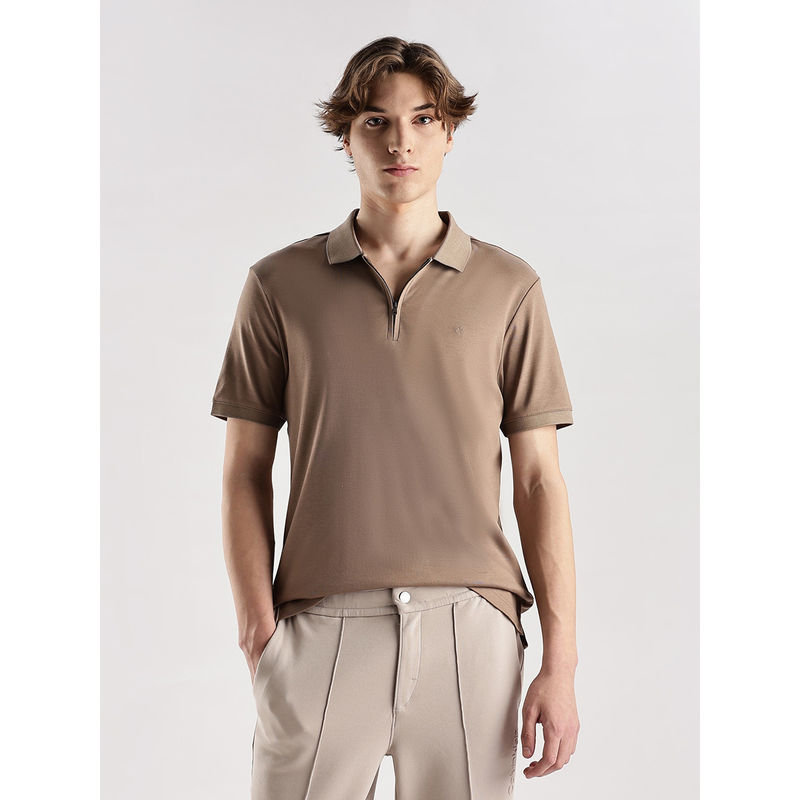 Calvin Klein Beige Solid Regular Fit Cotton Polo T Shirt (L)