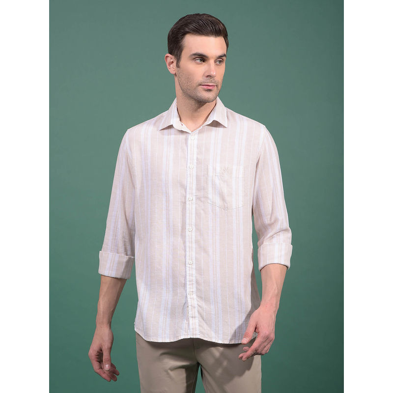 CRIMSOUNE CLUB Men Peach Vertical Stripes Linen Shirt (L)