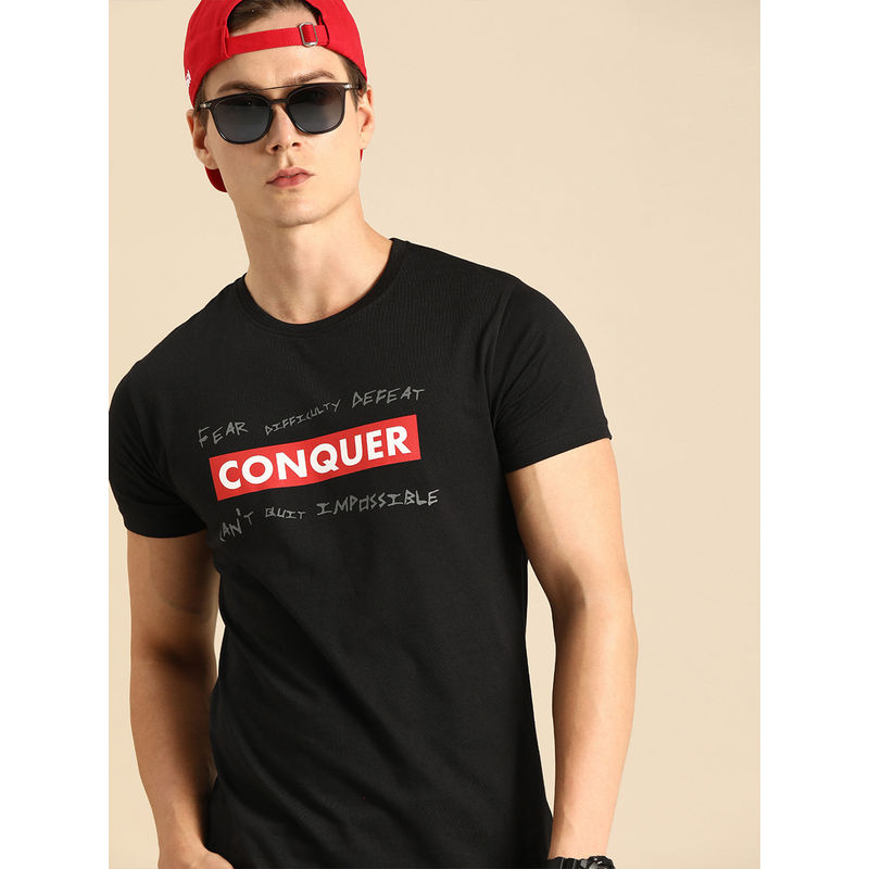 Bewakoof Conquer Strip Half Sleeve T-Shirt Black (L)