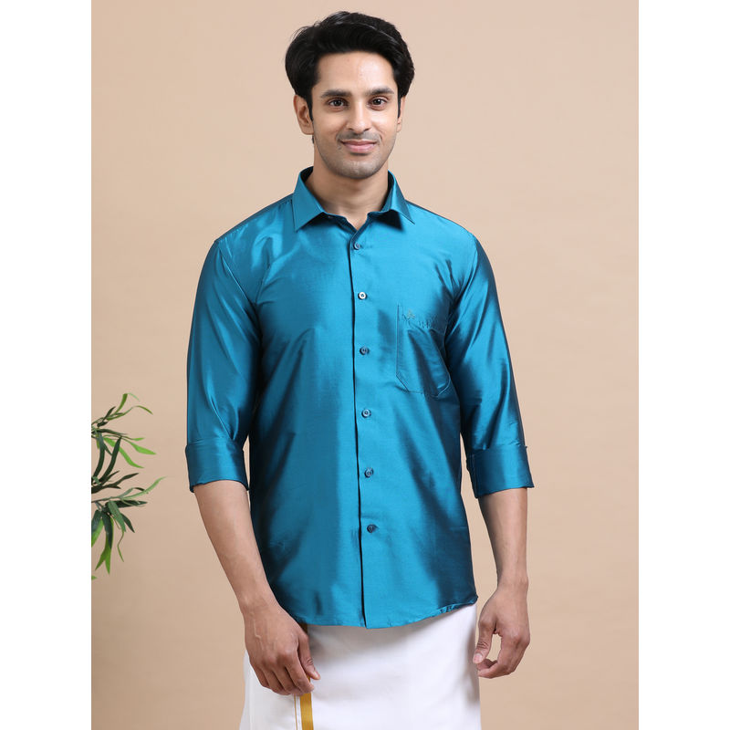 TATTVA Men Ultramarine Toned Art Silk Casual Shirt (40)