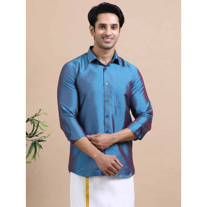 TATTVA Men Cobalt Blue Toned Art Silk Casual Shirt (42)