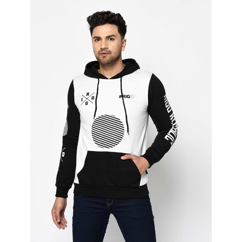 RIGO Men Black White Printed Hooded Fleece Full Sleeve Sweatshirt (XL)