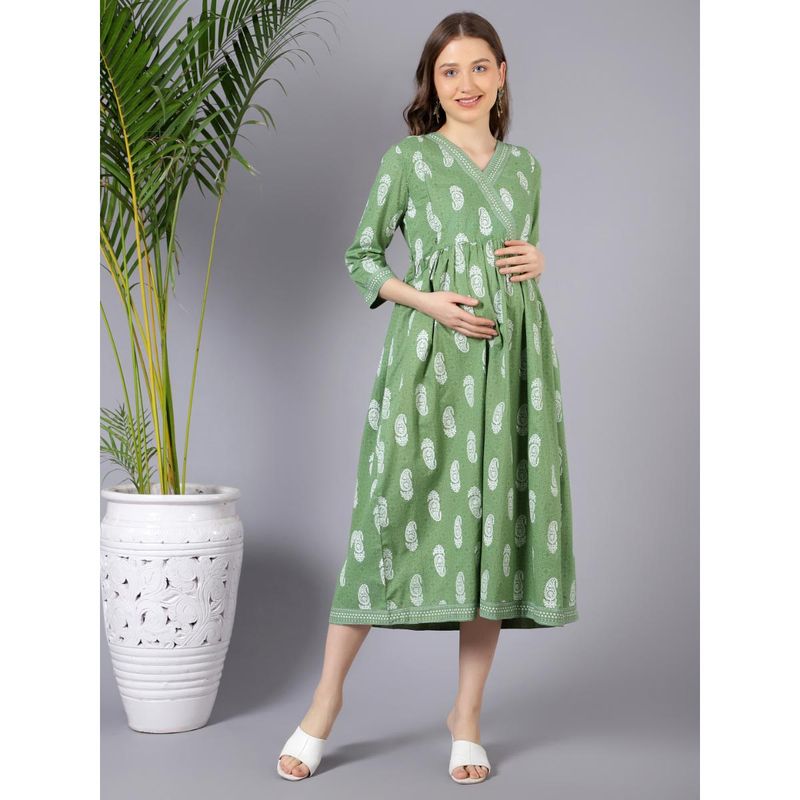 Zelena 3/Th Sleeves Printed Feeding Maternity Dress With Pocket - Green (2XL)