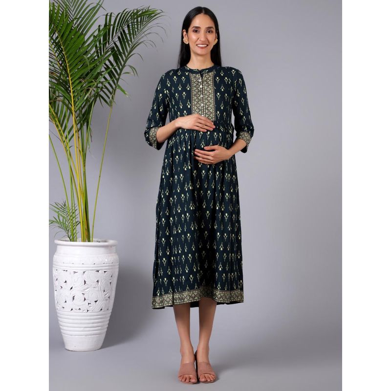 Zelena 3/4Th Sleeves Printed Feeding Maternity Dress With Pocket - Green (M)