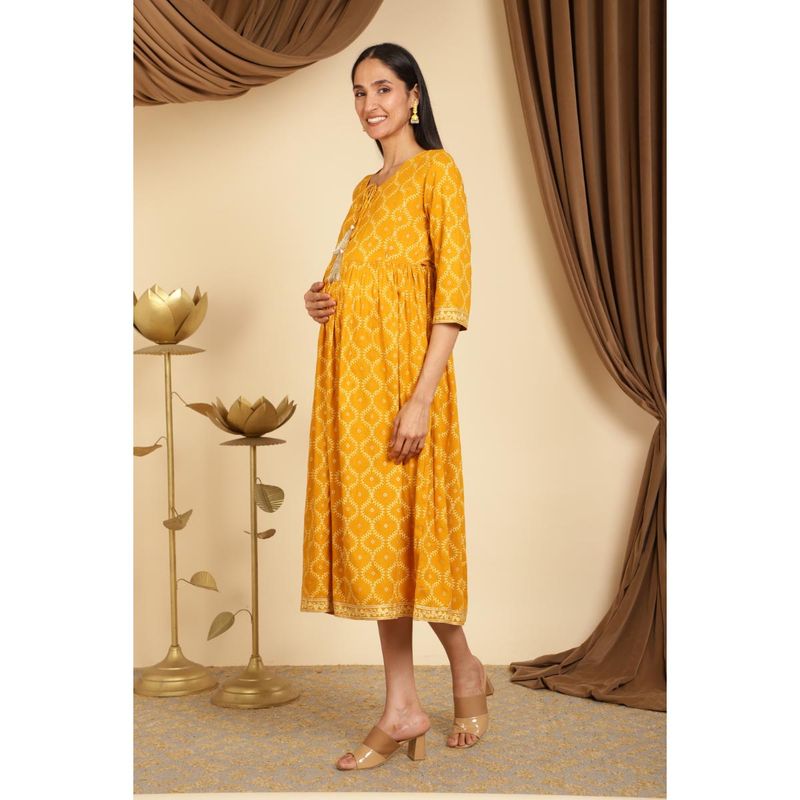 Zelena Rayon Printed Maternity & Feeding Long Kurti With Pocket - Yellow (2XL)