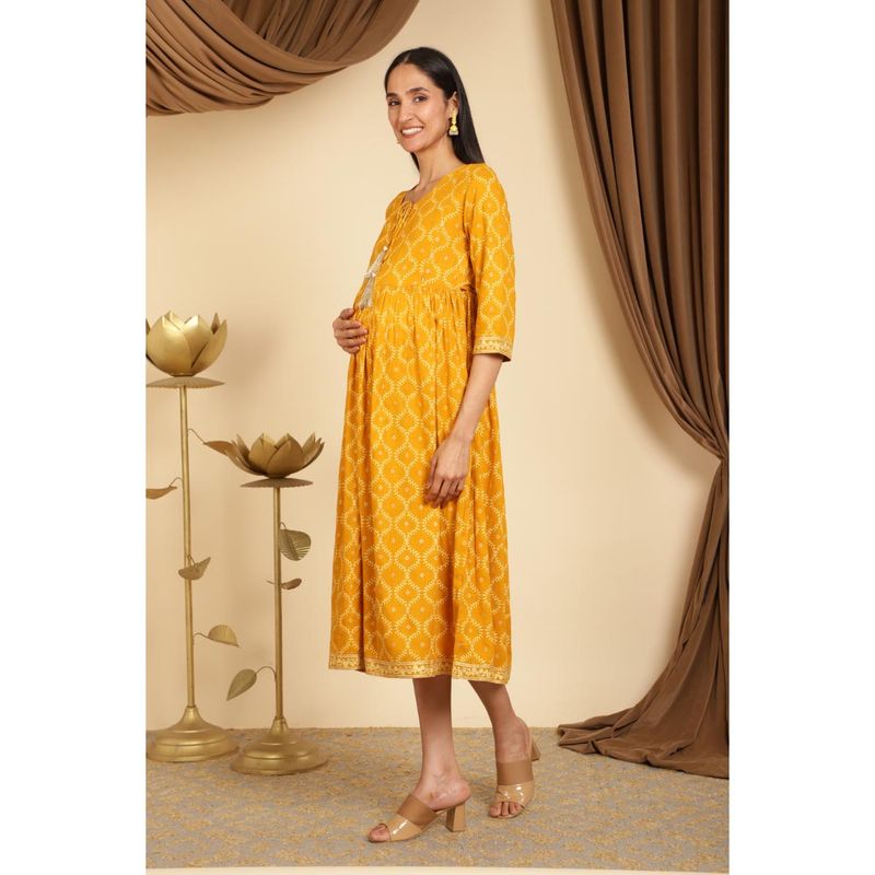 Zelena Rayon Printed Maternity & Feeding Long Kurti With Pocket - Yellow (L)