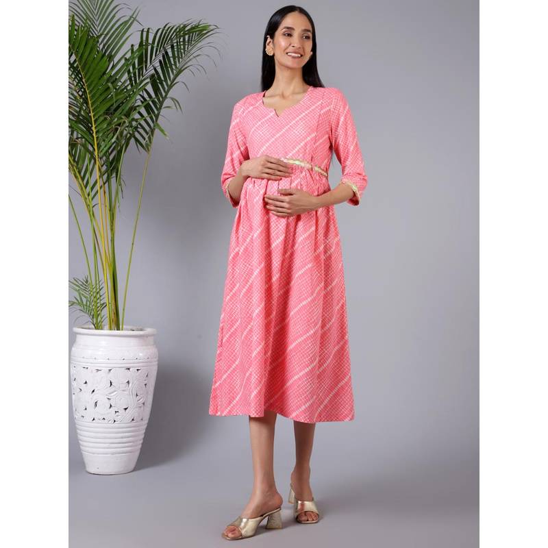 Zelena 3/4Th Sleeves Printed Maternity & Feeding Dress With Pocket -Pink (M)