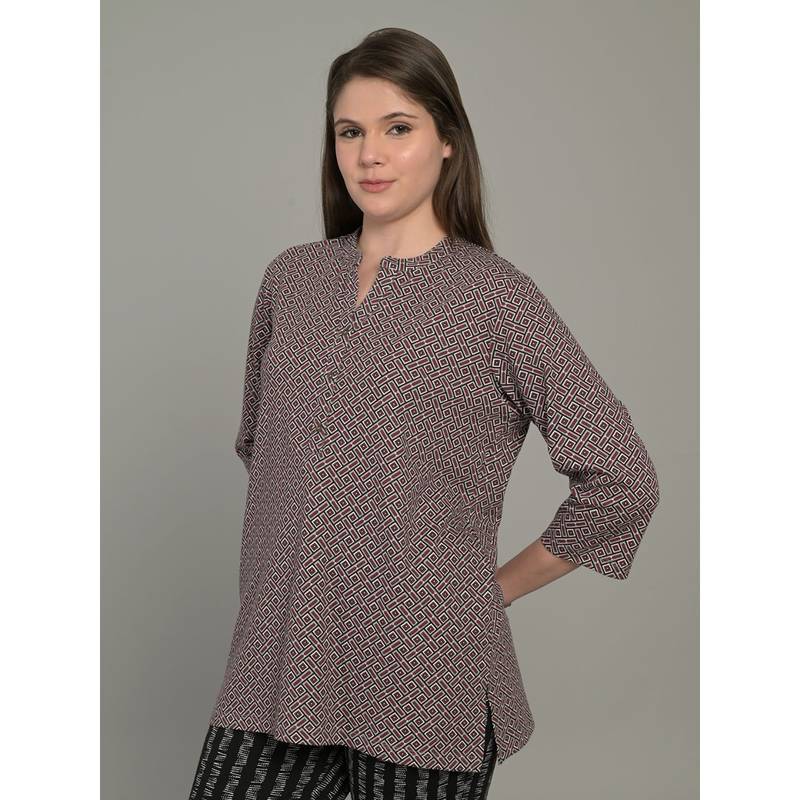 MAYSIXTY Women Pure Soft Cotton Printed Mandarin Neck Top (L)