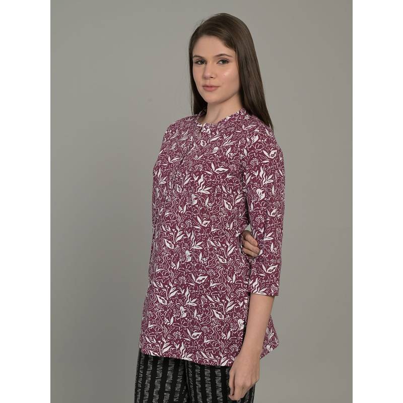 MAYSIXTY Women Pure Soft Cotton Printed Mandarin Neck Purple Top (2XL)