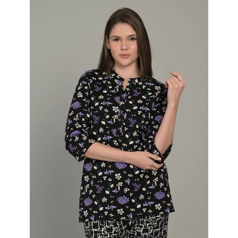 MAYSIXTY Women Pure Soft Cotton Printed Mandarin Neck Black Top (2XL)