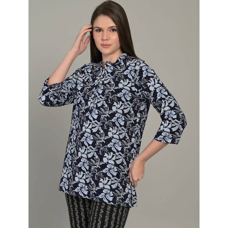 MAYSIXTY Women Pure Soft Cotton Printed Mandarin Neck Navy Blue Top (2XL)