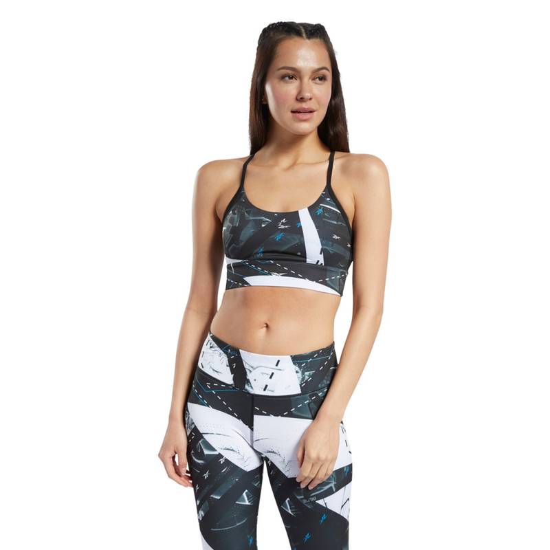 Reebok Wor Aop Bra Printed Black Training Bra (XS)
