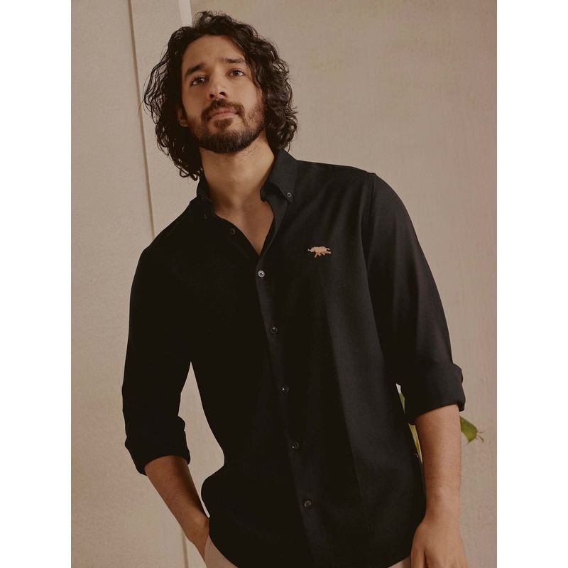 Andamen Black Solid Lyocell Blend Regular Fit Shirt (M)