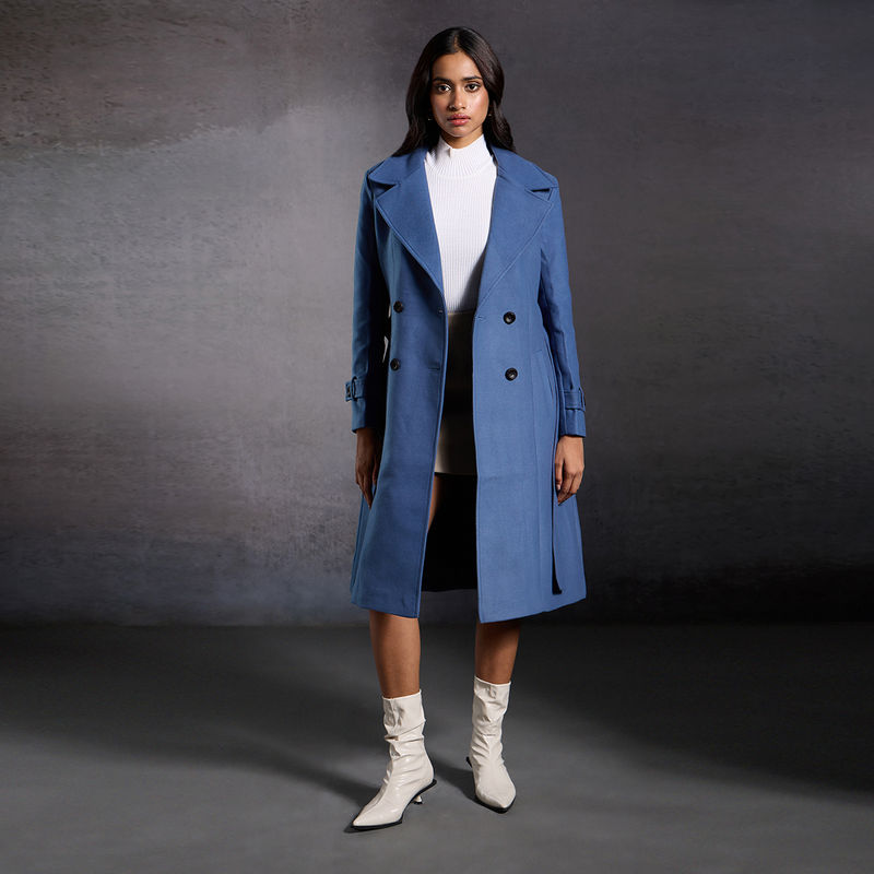 RSVP by Nykaa Fashion Blue Solid Wide Lapel Collar Longline Overcoat With Belt (Set of 2) (S)