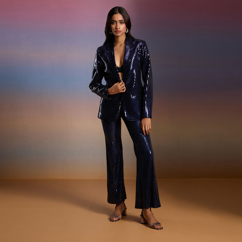 RSVP by Nykaa Fashion Midnight Blue Sequined Lapel Collar Full Sleeves Blazer (S)
