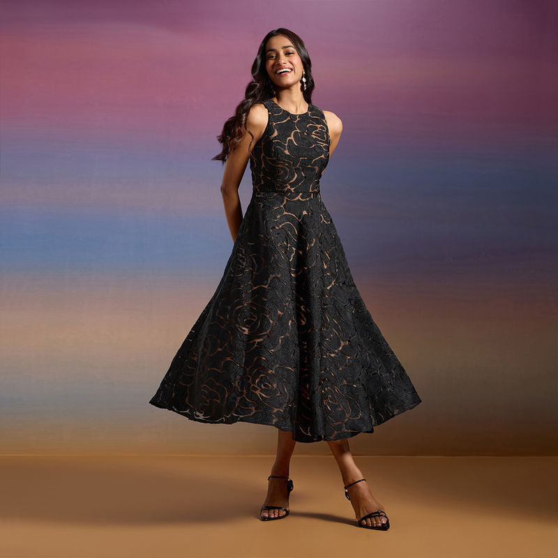 RSVP by Nykaa Fashion Black Floral Jacquard Round Neck Strappy Fit And Flare Midi Dress