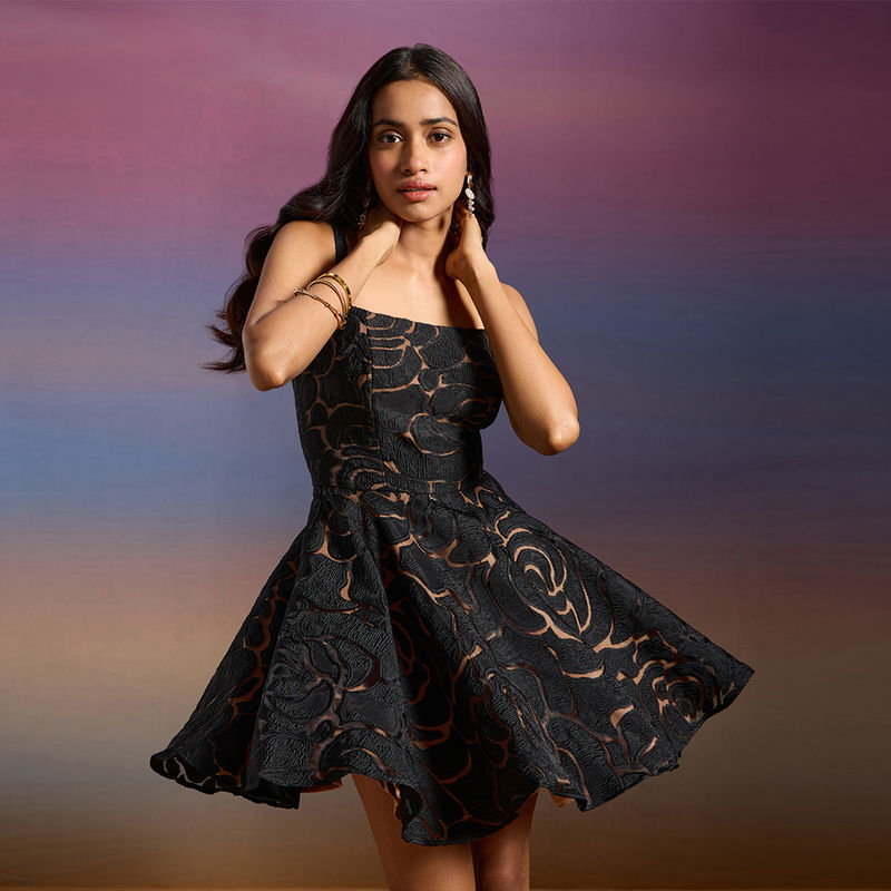 RSVP by Nykaa Fashion Black Floral Jacquard Scoop Neck Strappy Fit And Flare Short Dress