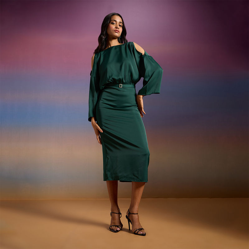 RSVP by Nykaa Fashion Bottle Green Satin Boat Neck Cold Shoulders Midi Dress