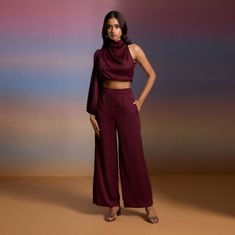 RSVP by Nykaa Fashion Wine Satin Cowl Neck Crop Top Straight Pants Co Ord Set (Set of 2) (XS)