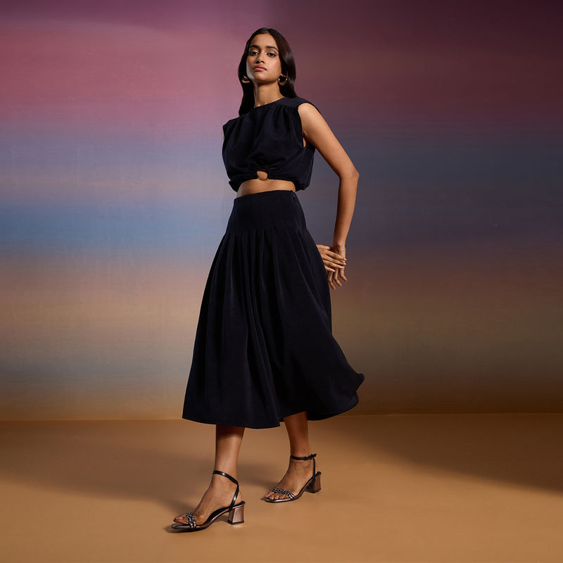 RSVP by Nykaa Fashion Navy Blue Round Neck Crop Top A Line Midi Skirt Co Ord Set (Set of 2) (XS)