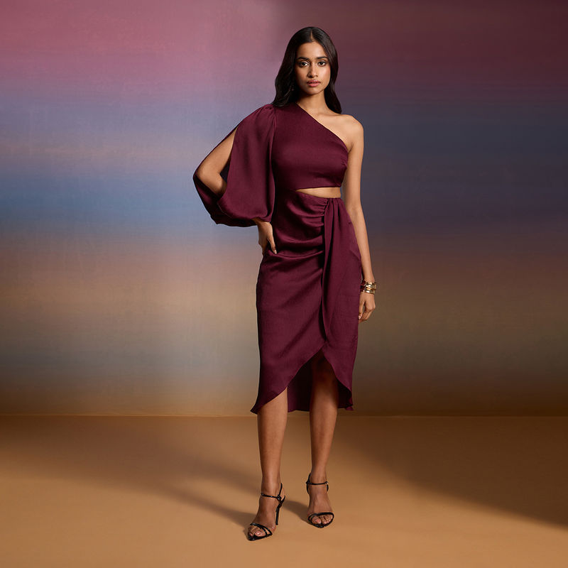 RSVP by Nykaa Fashion Wine Satin Solid One Shoulder Waist Cut Out Tulip Midi Dress