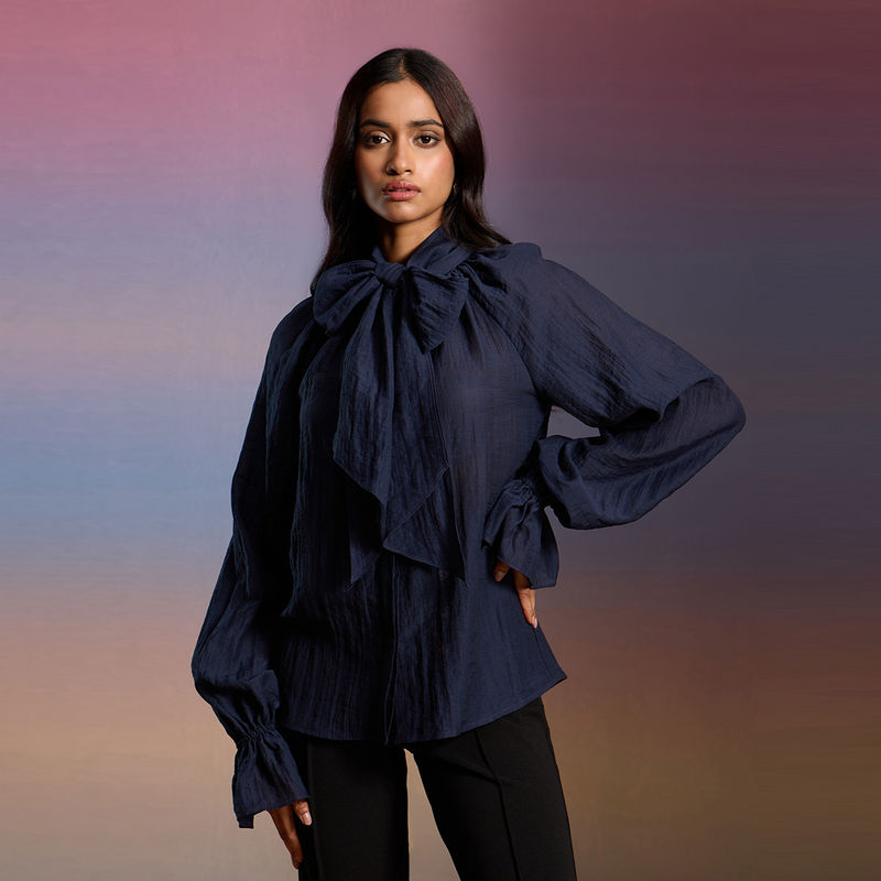 RSVP by Nykaa Fashion Navy Blue Solid Gathered High Neck Bishop Sleeves Ruffled Shirt (XS)