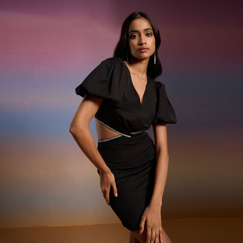 RSVP by Nykaa Fashion Black Solid V Neck Knotted Bodycon Mini Dress (2XL)