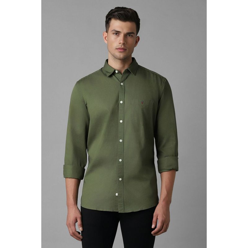 Louis Philippe Men Olive Solid Full Sleeves Slim Fit Casual Shirt (42)