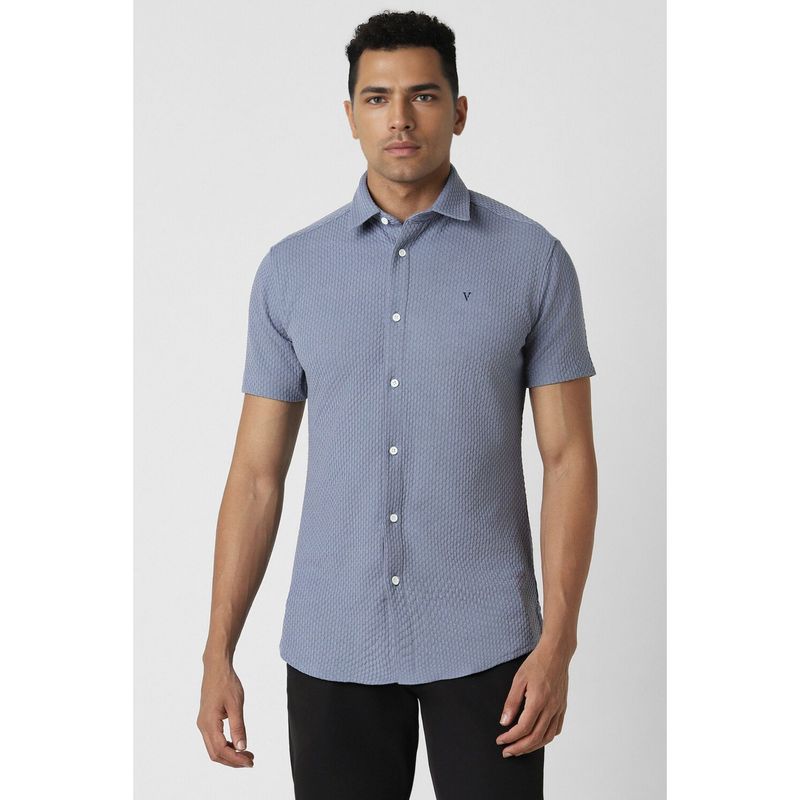 Van Heusen Men Blue Textured Half Sleeves Skinny Fit Party Shirt (39)