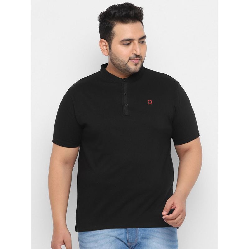 Urbano Plus Men's Black Solid Mandarin Collar Regular Fit Cotton T-Shirt (2XL)