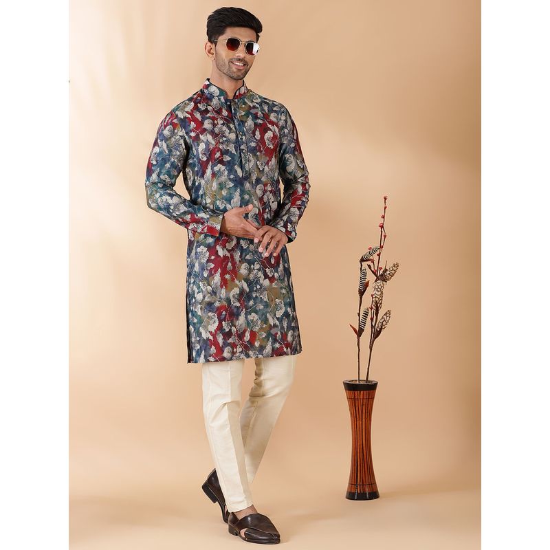 THE KURTA COMPANY Blue Multi Printed Silk Blend Kurta (38)