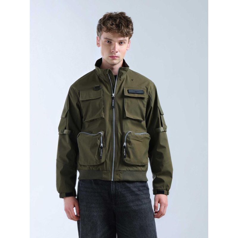 Flying Machine Green Cargo Pocket High Neck Bomber Jacket (M)