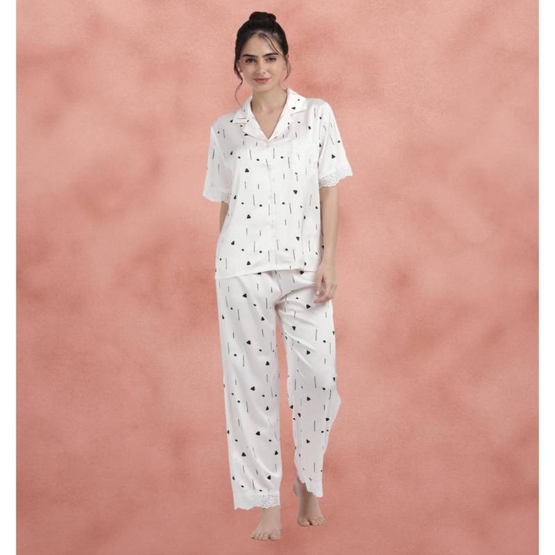 Shyaway White Printed Satin Shirt with Pajama (3XL)