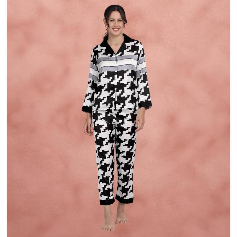 Shyaway White Geometric Printed Satin Shirt with Pajama (2XL)