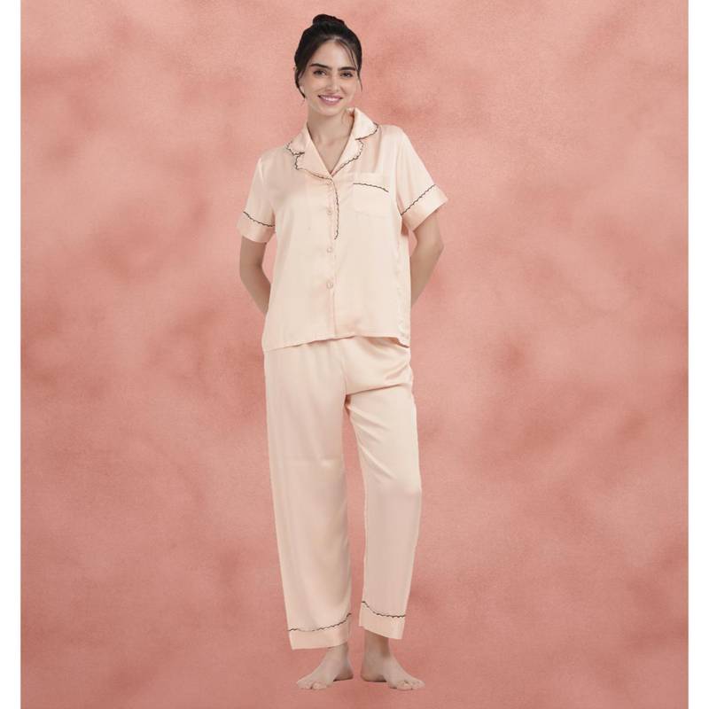 Shyaway Peach Solid Lace Detailed Satin Shirt with Pajama (2XL)