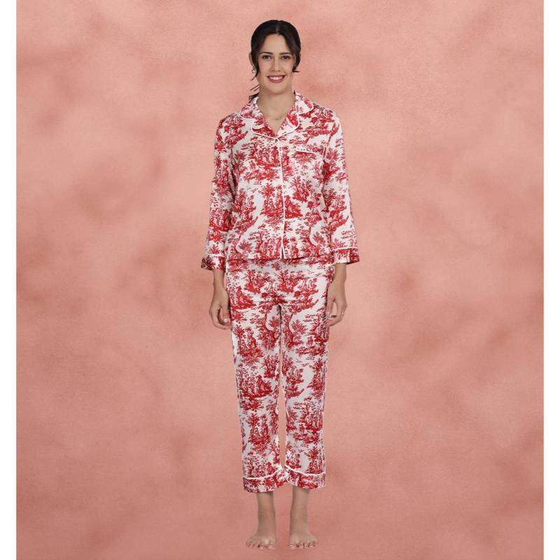 Shyaway Savvy Red Abstract Printed Contrast Piping Satin Shirt with Pajama (2XL)